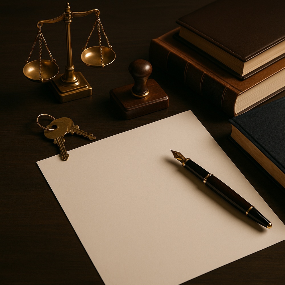 Joghoz kapcsolódó tárgyak egy sötét fa íróasztalon: kulcsok, arany mérleg, pecsét, üres papír és töltőtoll.
