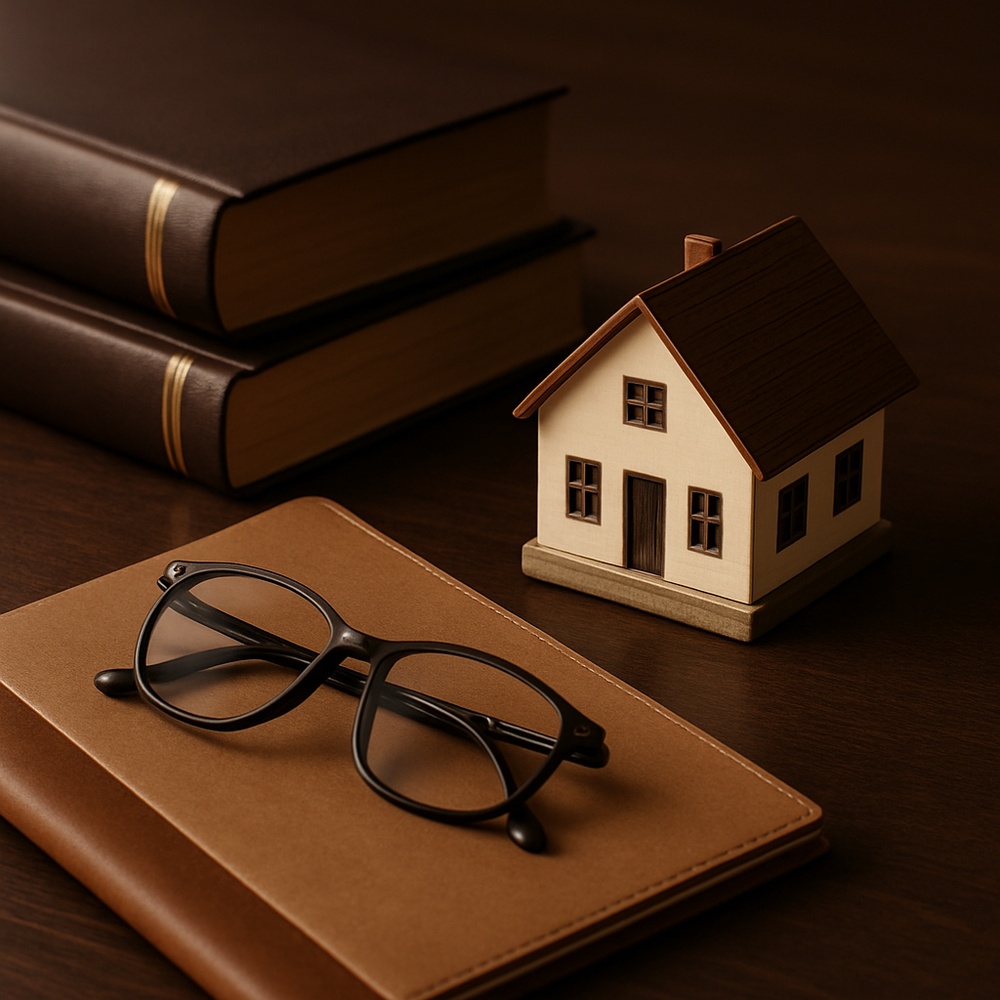 tílusos íróasztali kompozíció: könyvek, szemüveg, házikó makett és barna mappa