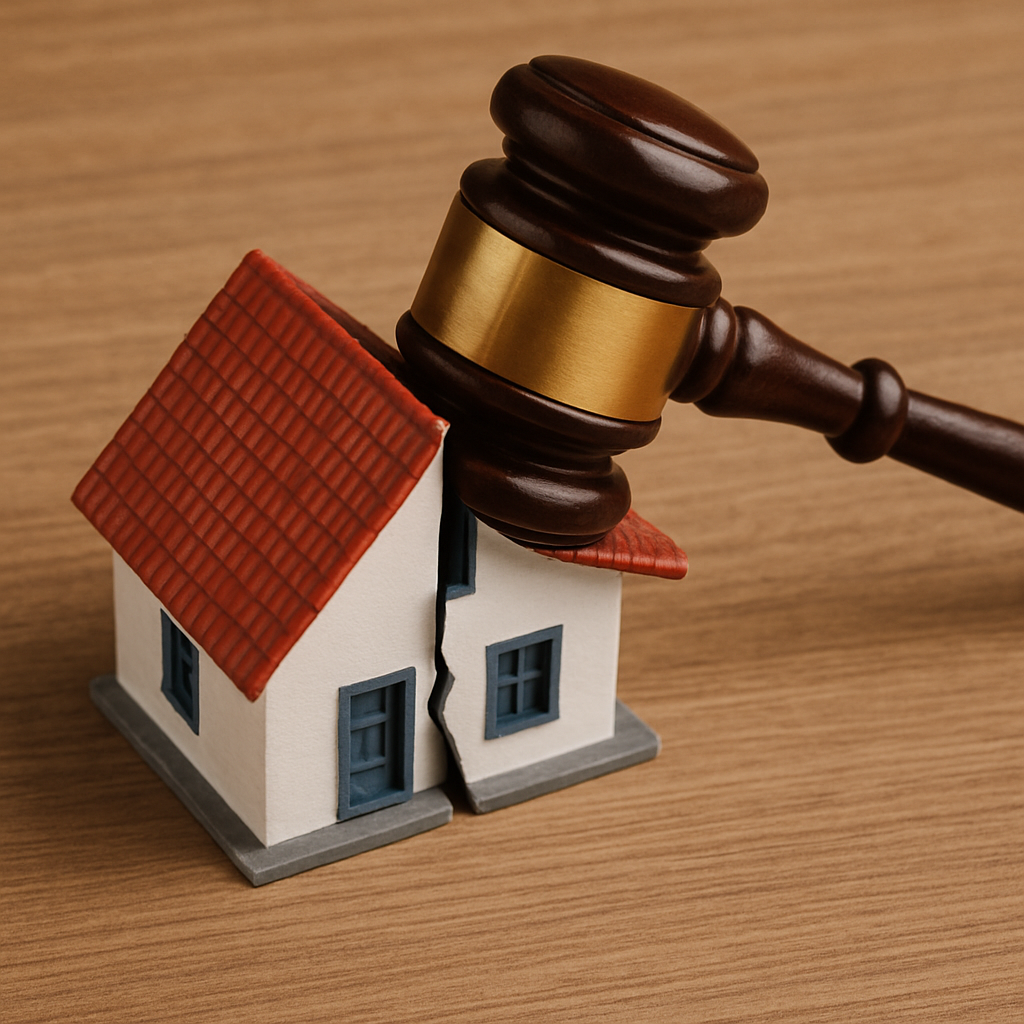 Makett házikó, amit éppen ketté oszt egy bírósági kalapács